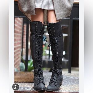 Over the knee lace up combat boots vegan leather stack heel fall tall moto black